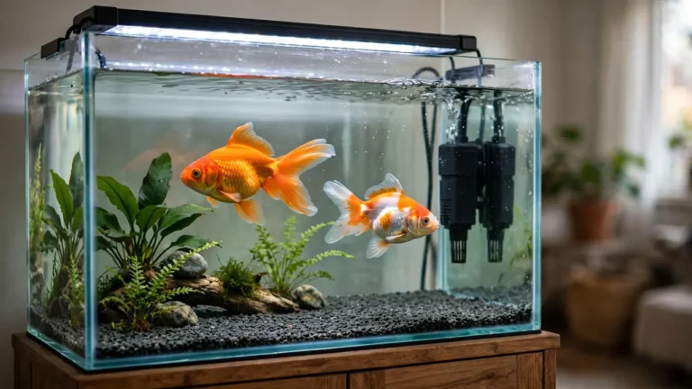 20-gallon goldfish tank setup with goldfish swimming among plants under bright lighting