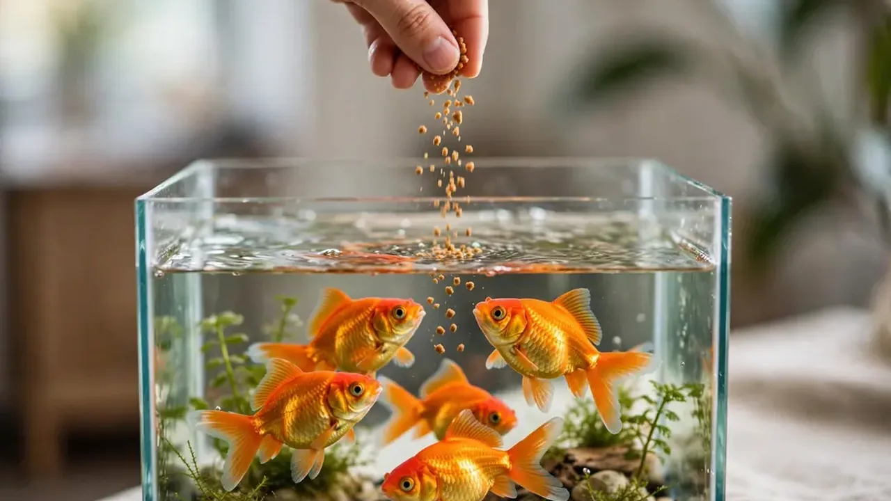 Goldfish being fed in a home aquarium