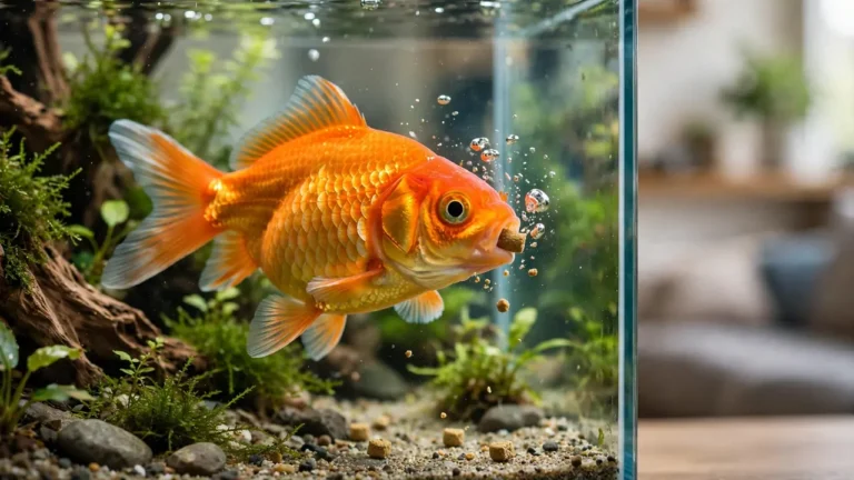 What do goldfish eat? Goldfish feeding on pellets and fresh vegetables in an aquarium