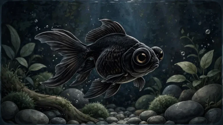 Black moor goldfish care: illustrated velvety black telescope-eye goldfish in an aquarium with smooth decorations