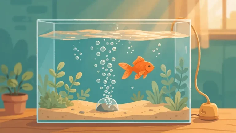 Do goldfish need an air pump? Illustration of a goldfish tank with gentle bubbles rising from an air stone