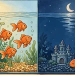 Do goldfish need light at night? Illustration of a goldfish aquarium split between bright day and calm dark night