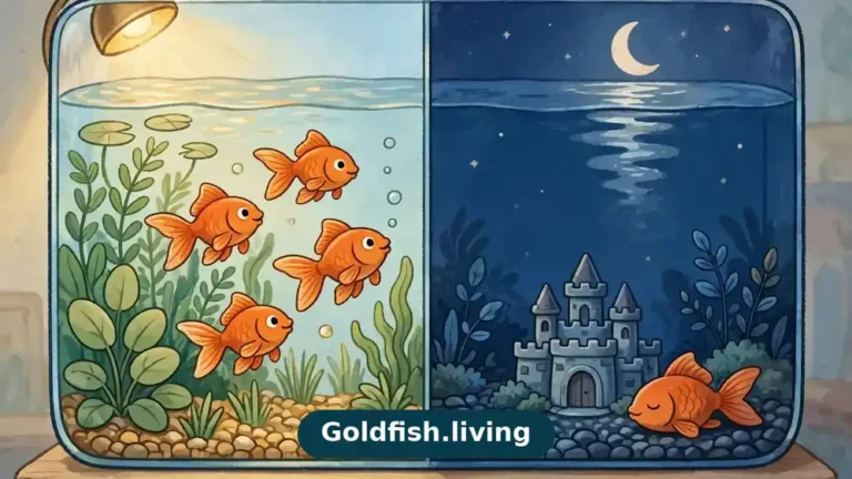 Do goldfish need light at night? Illustration of a goldfish aquarium split between bright day and calm dark night