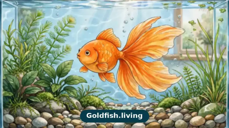 Fantail goldfish care guide: illustrated orange fantail with a fan-shaped double tail in a planted aquarium