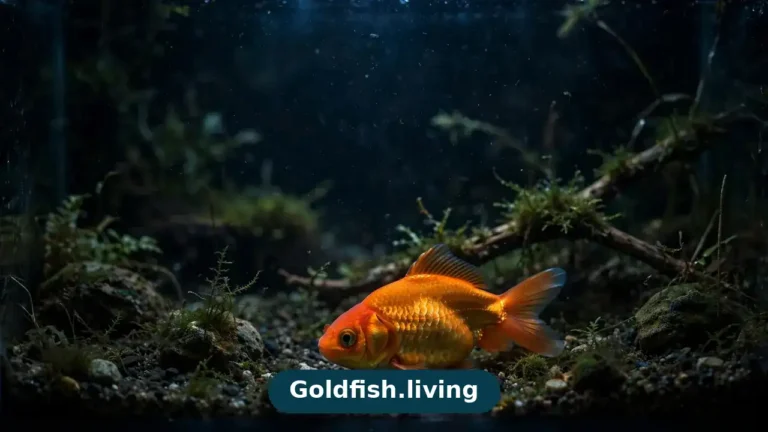 Goldfish resting motionless near the bottom of a dim aquarium at night
