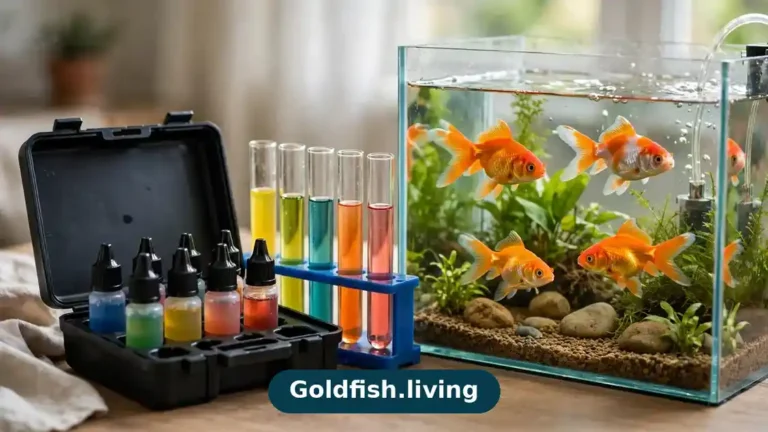 Goldfish water testing schedule: liquid test kit showing ammonia, nitrite, and nitrate results