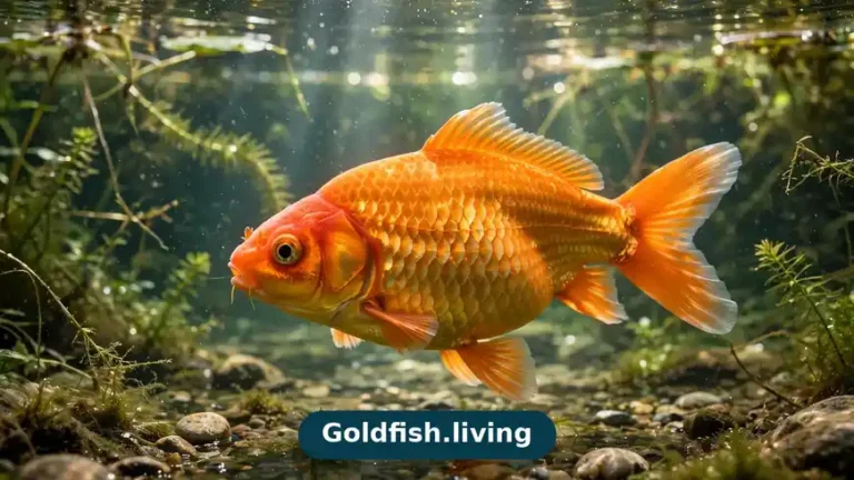 Large adult common goldfish swimming in a clear outdoor pond with lily pads