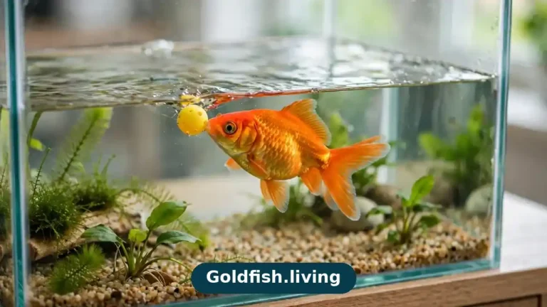 Oranda goldfish exploring an enriched aquarium during a training session