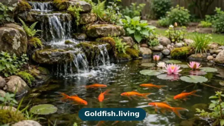 Backyard goldfish pond with waterfall and comet goldfish