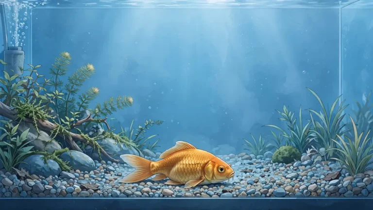 Illustration of a goldfish resting motionless near the gravel at the bottom of a clean aquarium