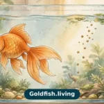 Illustration of a goldfish turning away from drifting fish pellets in an aquarium