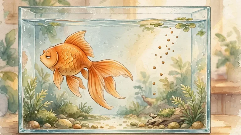 Illustration of a goldfish turning away from drifting fish pellets in an aquarium