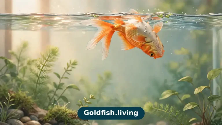 Illustration of a fancy goldfish floating upside down near the surface of a home aquarium