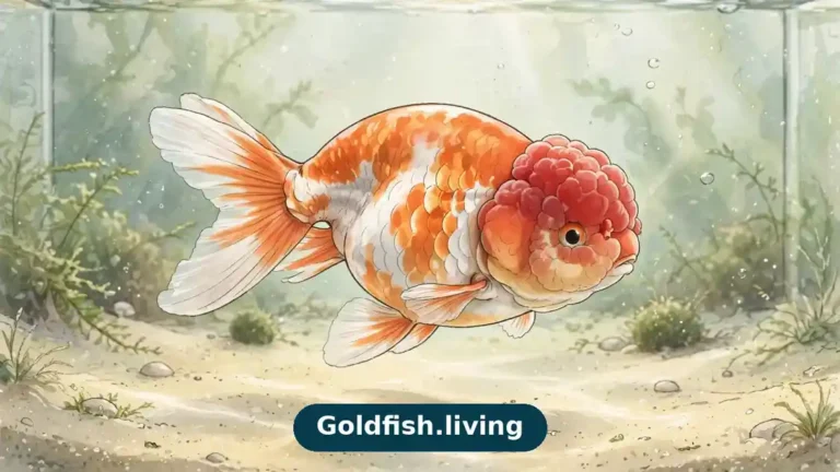 Ranchu goldfish care guide: illustrated ranchu with an arched back and wen swimming over a sand substrate