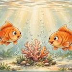 Illustration of two goldfish chasing each other around coral decor in an aquarium
