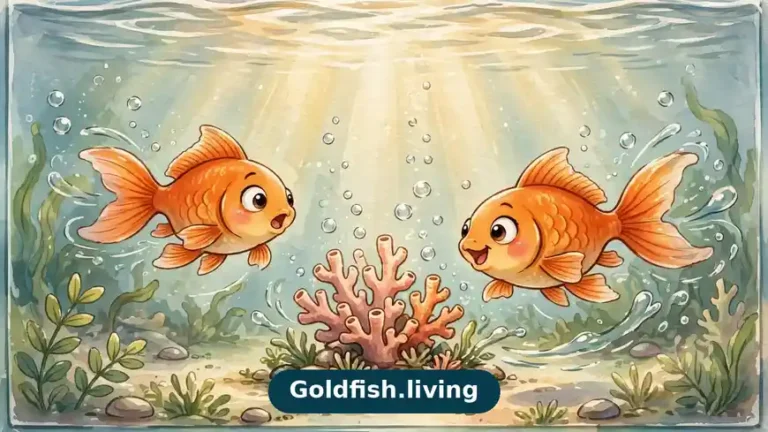 Illustration of two goldfish chasing each other around coral decor in an aquarium